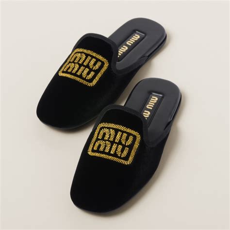 miu miu embellished slippers|Black Velvet Slippers .